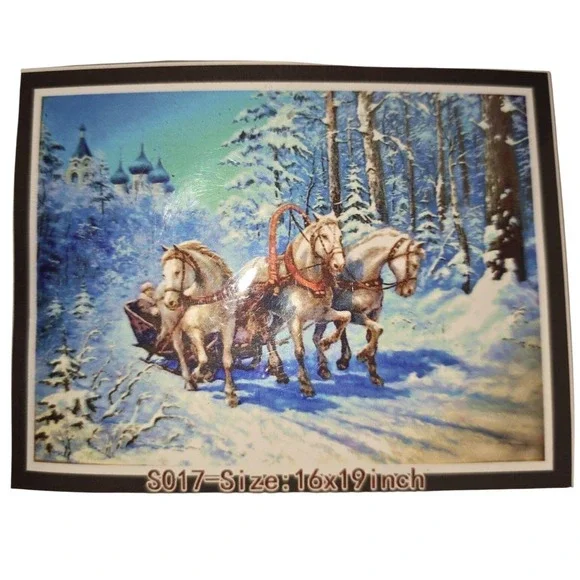 Winter Horses Stamped Cross Stitch Kit 11CT 16x19 Snow Sled Scene Beginner Rare