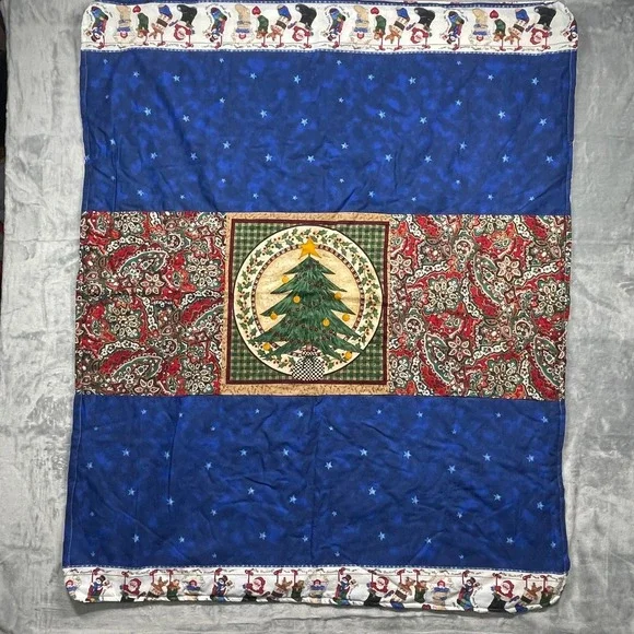 Quilted Christmas Throw Blanket Tree Santa Snowman Stocking Holiday Decor 44x35
