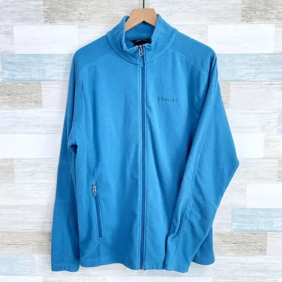 Marmot Fleece Full Zip Basic Jacket Blue Mock Neck Pockets Hiking Mens Large