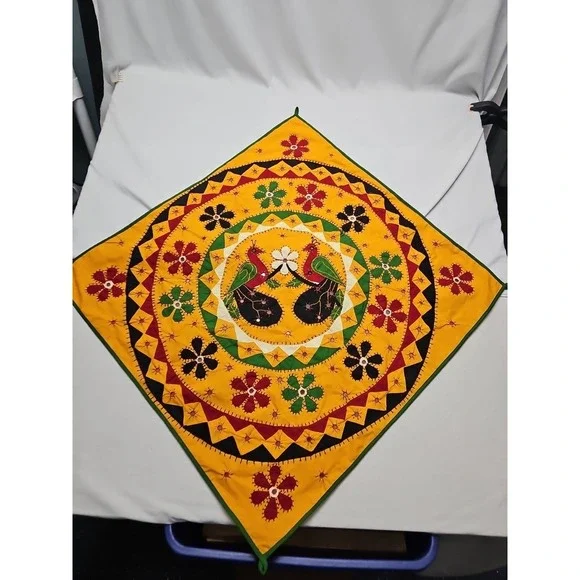 Indian‎ Applique Embroidered Peacock Flowers Wall Hanging 32