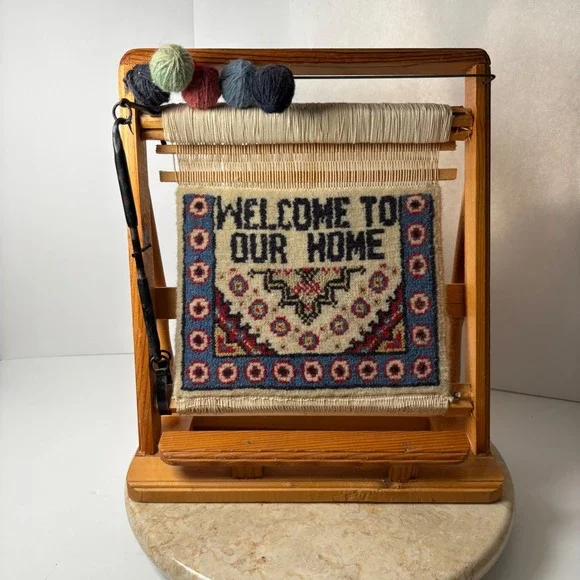 Miniature Welcome to Our Home Tapestry Rug‎ on Wooden Loom Display