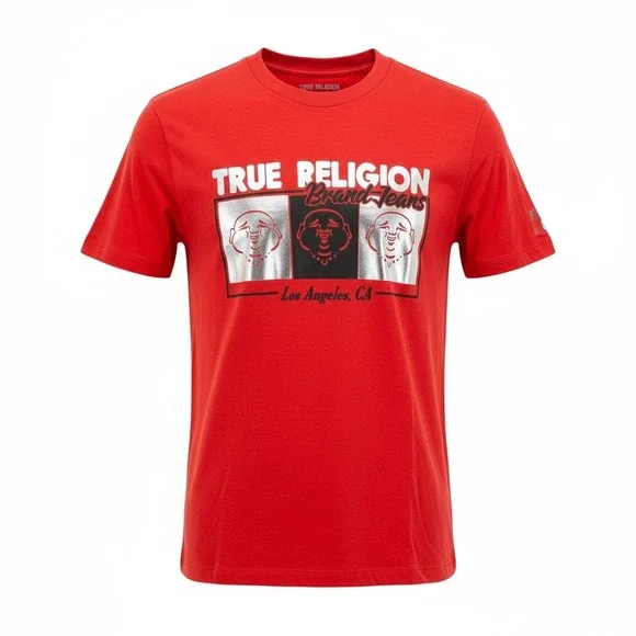 True Religion Mens Small Red Cotton Graphic T Shirt Short Sleeve Vaca Comfy NEW