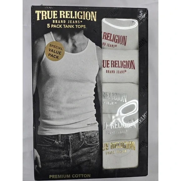 True Religion Premium Cotton Tank Tops, Size Small, White 5 Pack, New in Box