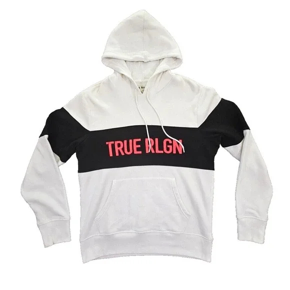 True Religion Men's Pullover Colorblock Hoodie Sweatshirt White‎ Black 103140 LG