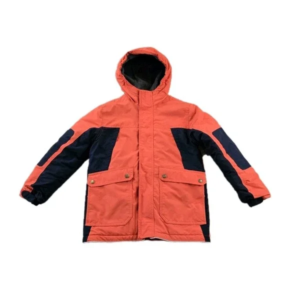Lands End Boy's Coat Full Zip Hooded Orange Black Grow Along Size 8 Small