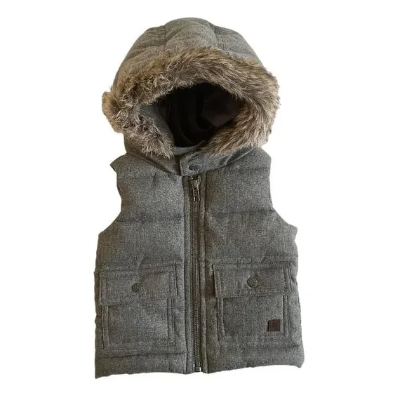 Kids Gray Quilted Hooded Vest Faux Fur Trim‎ Puffer Pockets Zipper Closure 3-6M