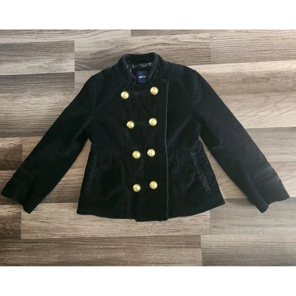 GAP KIDS JACKET GIRLS SMALL 5 TO 6 BLACK CORDUROY DOUBLE BREASTED GOLD BUTTONS