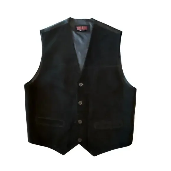 Mens Black Genuine Suede Leather Vest Europe Craft Large Button Front Motorcycle
