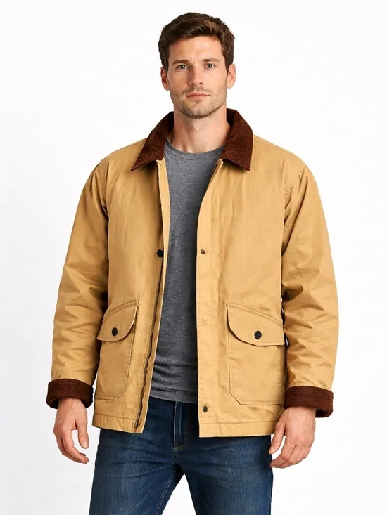 Tan Canvas Barn Jacket Chore Coat Brown Corduroy Collar Large H&M Divided