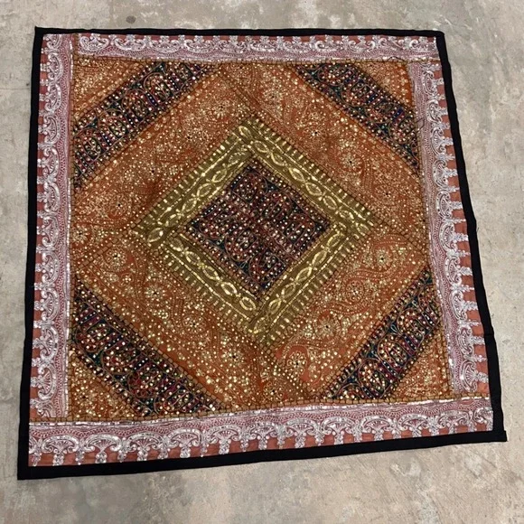 Vintage Indian Patchwork Tapestry Orange Gold Sequin Embroidered Wall Art 40x39