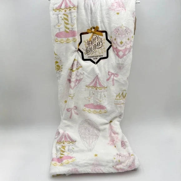Happy‎ Holidays Whimsy Christmas Throw Blanket Carousel Hot Air Balloons Pastel