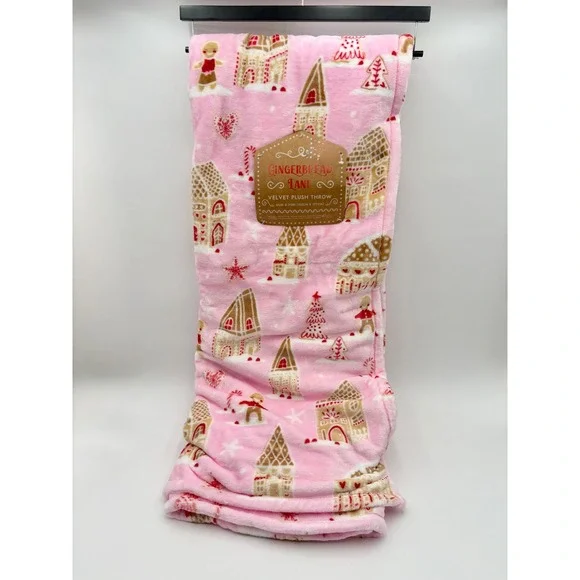 Gingerbread Lane Velvet Plush Throw Blanket Pink Christmas Holiday‎ 60 x 70