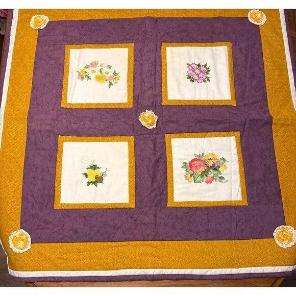 Handcrafted Purple and Gold Quilt‎ With Embroidered & Crocheted Flowers 43x43
