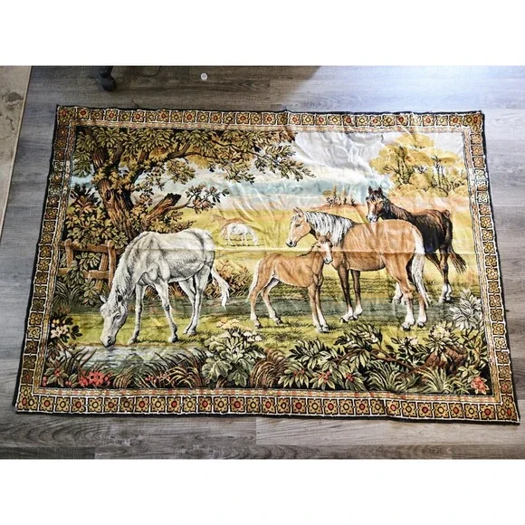 Vintage Tapestry horses in a field pasture scene 72 x48.5