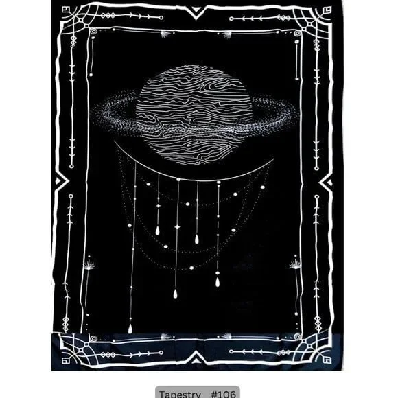 Celestial Saturn Planet Tapestry Black White Mystical Wall Hanging Decor #106
