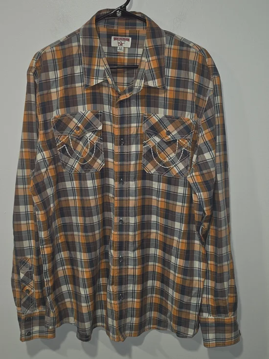 True Religion Men's Orange Plaid Long Sleeve Utility Button Down Shirt Size XL