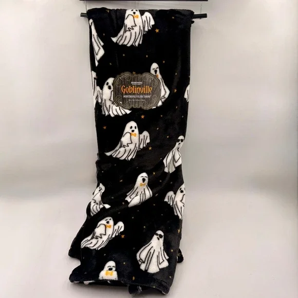 Berkshire Blanket‎ Goblinville Ghost Plush Throw Halloween Black White 50x70 NEW
