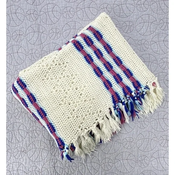 Handmade Crochet Afghan Throw Blanket Cream Striped Fringe Heart Motif Vintage