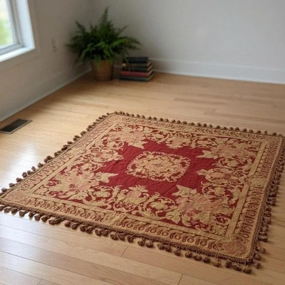 Opera Vtg Burgundy Gold Tapestry w Tassels‎ 4' x 6' - 48