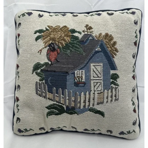 Vintage Tapestry Pillow Cottage Garden Picket Fence‎ Birds Country Potting Shed