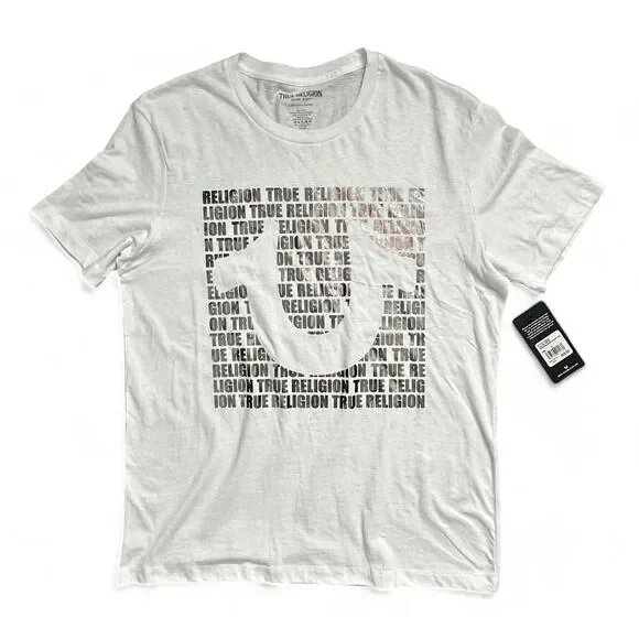 NWT True‎ Religion Brand Script All Over Silver Foil Graphic White Shirt Size L
