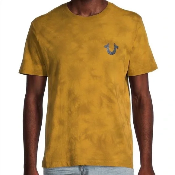 NWT TRUE RELIGION Antique Gold Tie Dye Halo Crewneck‎ Logo T-Shirt