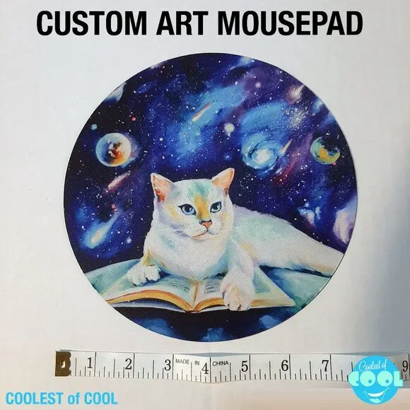 Cat reading in space galaxy custom art print computer mouse pad