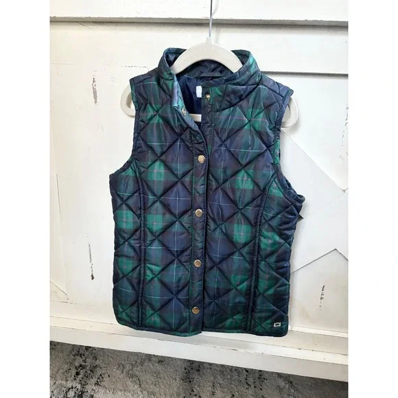 Crown & Ivy Kids Quilted Plaid Vest Navy Green‎ Puffer Size S Christmas Holiday