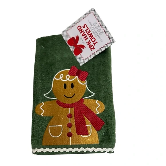 Festive Green Gingerbread Hand Towels - 2 Pack