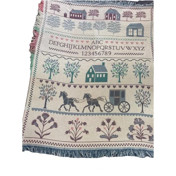 Crown Crafts Throw Blanket Amish Buggy Alphabet Sampler Cottage Core 64x54