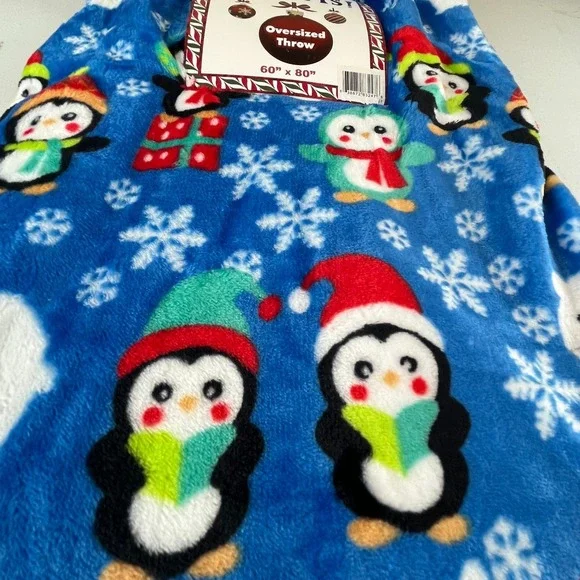 Christmas Penguins in Hats Snowflakes Presents Blue Plush Oversize Throw Blanket