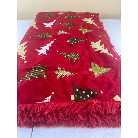 Marlo Lorenz Red Christmas Trees Fringe Faux Fur Backing Micromink Throw Blanket
