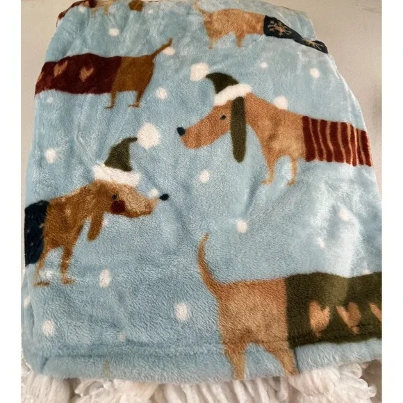 Holiday Dachshund Dog Throw Blanket 50x70 Plush Fringe Santa Hats Sweaters Doxie