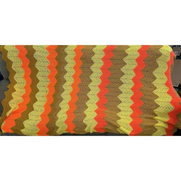 Vintage Handmade Crochet Afghan Throw Orange Brown 70s 95X60‎