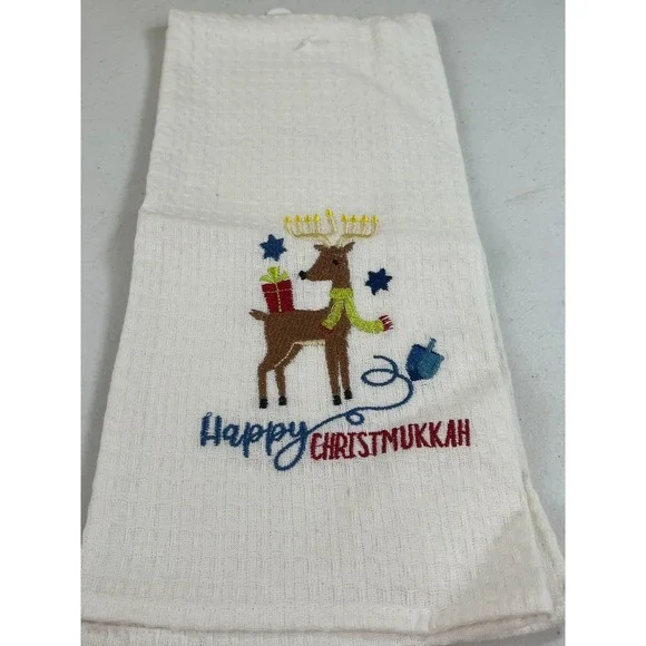 Happy Christmukkah Embroidered Kitchen Towel Reindeer Menorah Dreidel Cotton