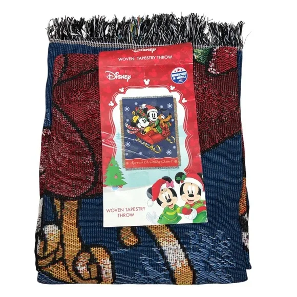 Disney Mickey Minnie Pluto Sleigh Ride Woven Made USA Tapestry Throw 48x60 Inch