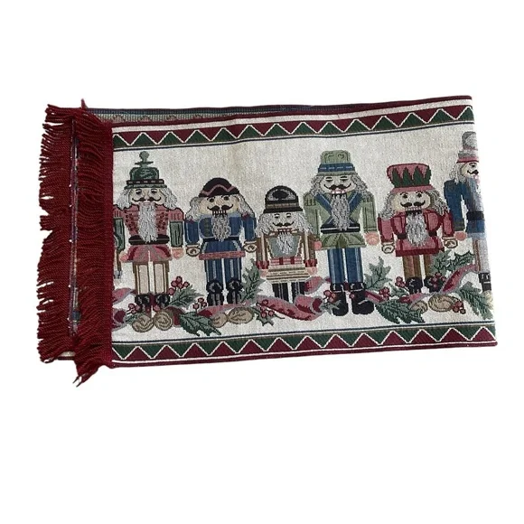 Nutcracker Tapestry Christmas Table Runner 80” x 12.5”Fringe Tabletop Decoration