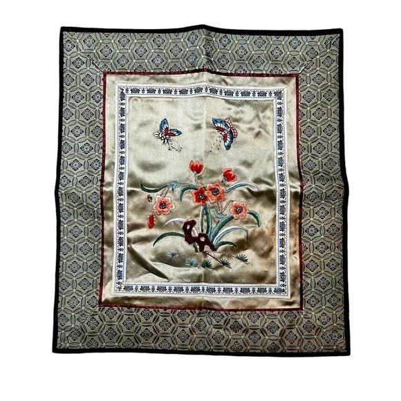 EMBROIDERED SILK TAPESTRY WALL HANGING HAND DONE TAN POPPY CORAL 11”x13”
