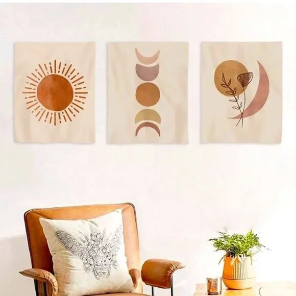 Hippie Set of Floral Moon & Sun Wall Tapestry/Art