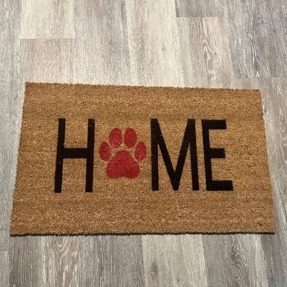 HOME with red dog paw decorative coir doormat