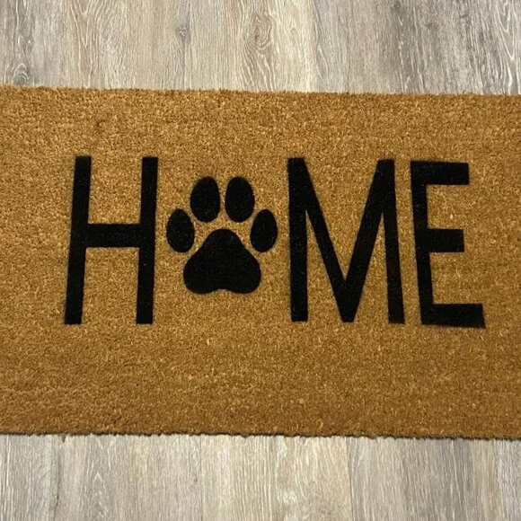 HOME with black dog paw decorative coir doormat