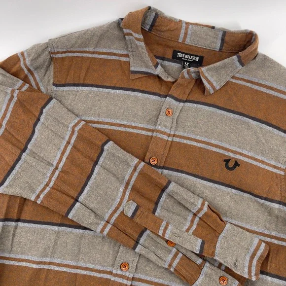 True Religion‎ Mens Striped Long Sleeve Button Down Shirt Brown Gray Large