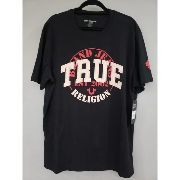NEW LARGE True Religion Logo Stitch Mens Black Tee Tshirt Short SLeeve