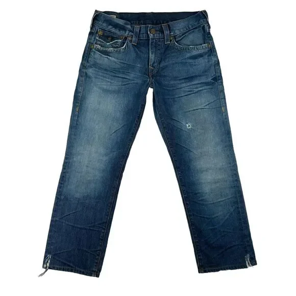 True Religion Jeans Men's Blue Geno Relaxed‎ Slim Jeans Split Hem Size 32