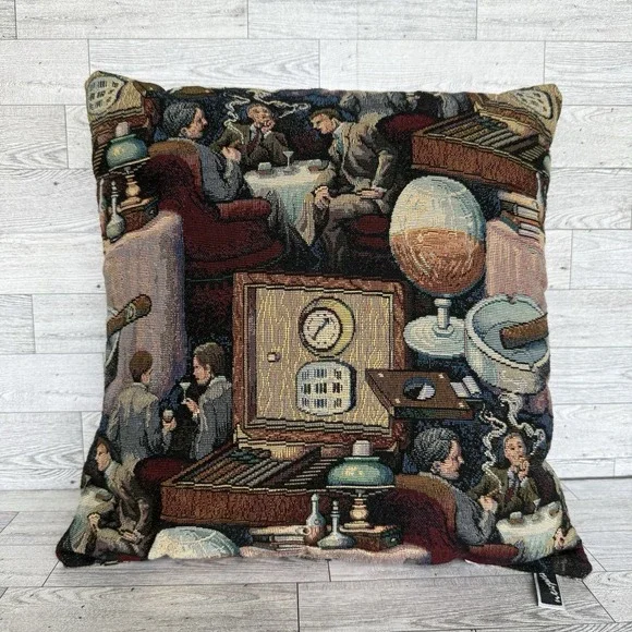 Vtg Bar Men's Club Tapestry Throw Pillow 16 x 16 Man Cave Den Rustic Decor