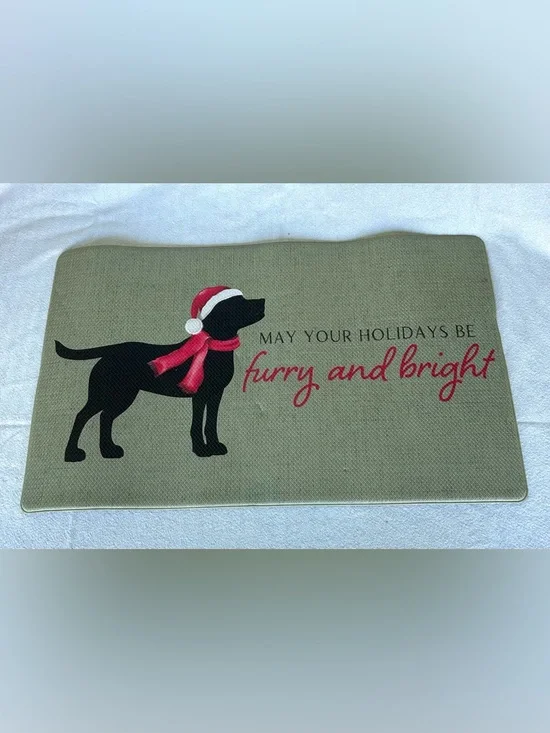 Holiday Black Dog mat with Red Santa Hat and Scarf