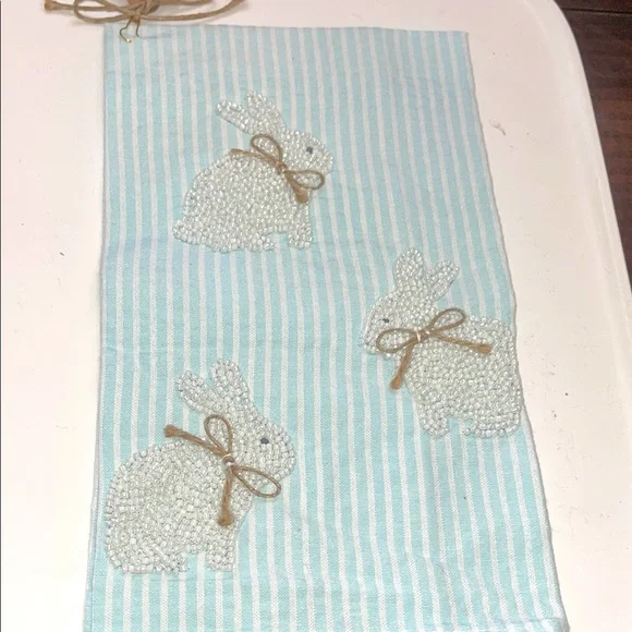 NWT- MUDPIE -Striped Blue Tea Towel with beaded Bunny Design