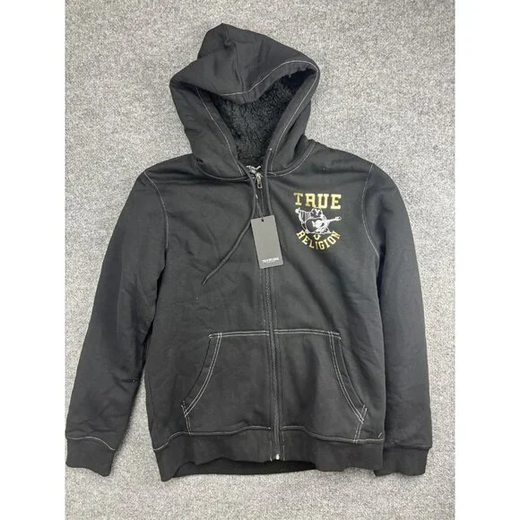 True Religion Hoodie Mens Medium‎ Black Full Zip Fleece Sweatshirt Sherpa Buddha