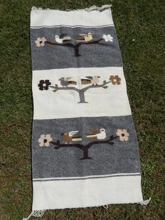 Hand Woven Wool Mexico Wrap Wall Hanging Tapestry Rug Fringe Birds Table 61X26