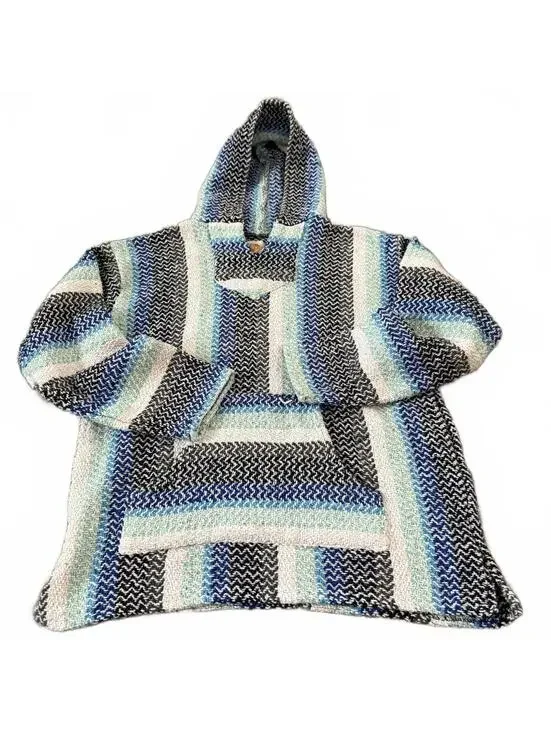 Baja Hoodie Drug Rug Pullover Surf Skate Mexican Blanket Blue Vintage XL